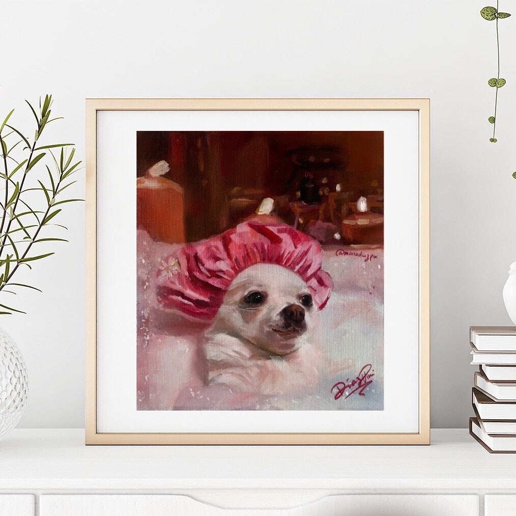 Chihuahua Bathtub Art Print from Original Oil painting, bathroom art, bath art, bathroom artwork, bathroom wall art